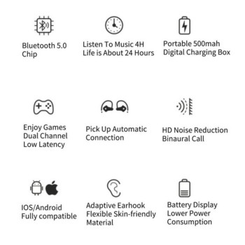 Αθλητικά TWS Bluetooth Ακουστικά HiFi Stereo Music Ασύρματα ακουστικά Ακουστικά με γάντζο ακουστικών με μικρόφωνο αδιάβροχο ακουστικό gaming