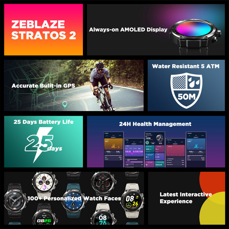 [Παγκόσμια πρεμιέρα] Zeblaze Stratos 2 GPS Smart Watch AMOLED Display 24h Health Monitor 5 ATM Long Battery GPS Watch for Men
