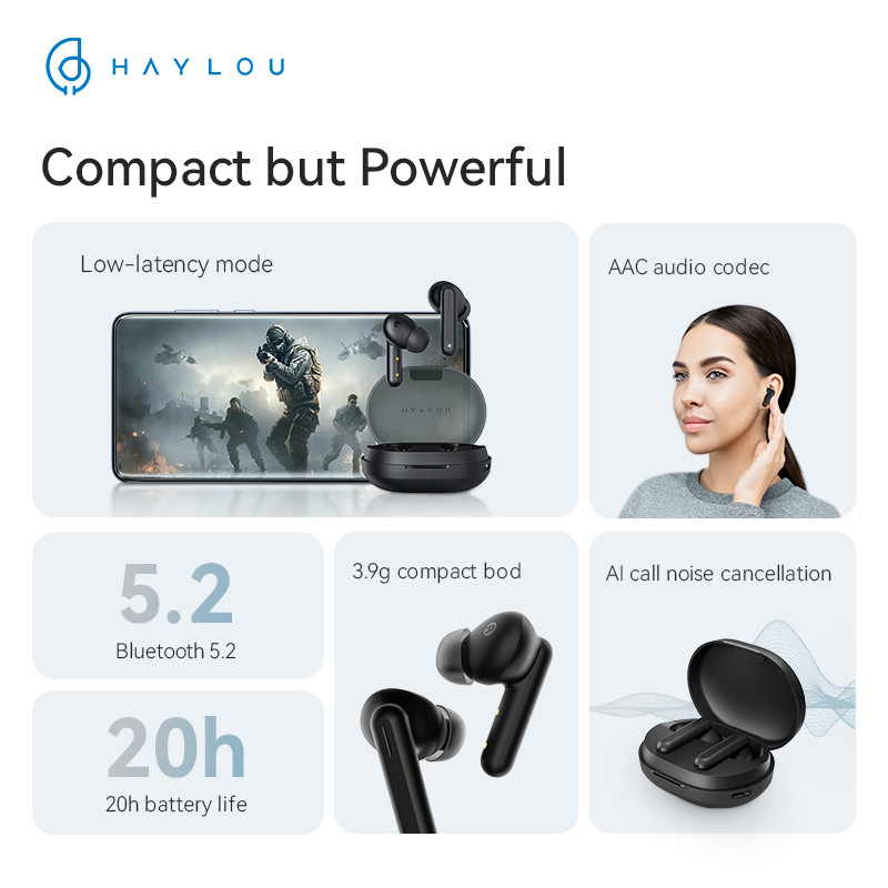 HAYLOU GT7 bežične slušalice TWS slušalice Bluetooth 5.2 TWS slušalice AAC audio kodek niske latencije APLIKACIJA za otkazivanje buke AI poziva