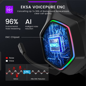 EKSA 2.4GHz безжични слушалки E1000 WT 7.1 съраунд кабелни геймърски слушалки с ENC микрофон с ниска латентност за PC/PS4/PS5/Xbox