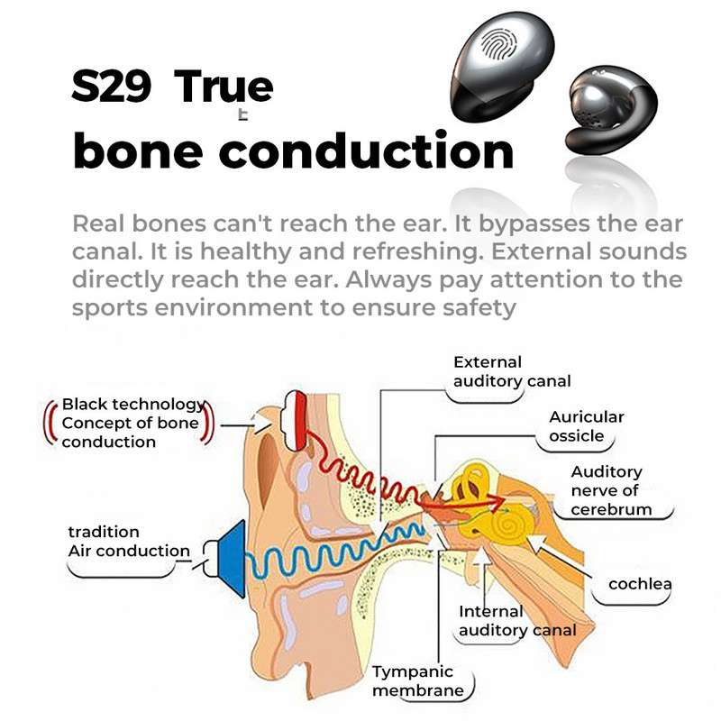 True Bone Conduction Bluetooth austiņas Ausu klipsis Auskari Bezvadu austiņas ar mikrofonu Zvanīšana Touch Control Sporta austiņas