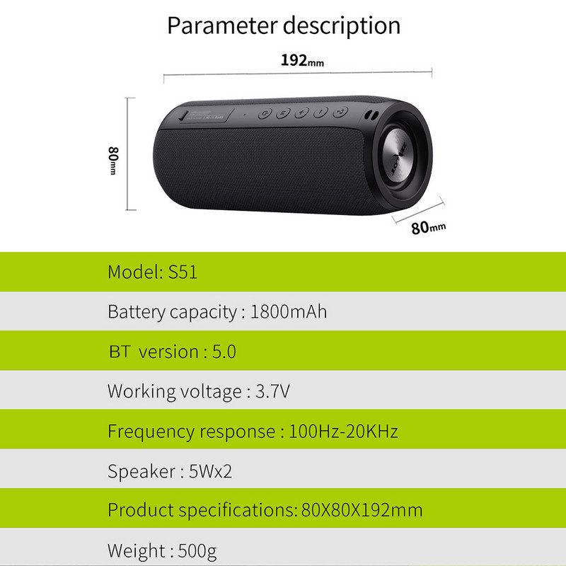 ZEALOT S51 galingas Bluetooth garsiakalbis žemųjų dažnių belaidis nešiojamas žemųjų dažnių garsiakalbis IPX5 vandeniui atsparus 10 W garso dėžutės palaikymas TF U disko AUX įvestis