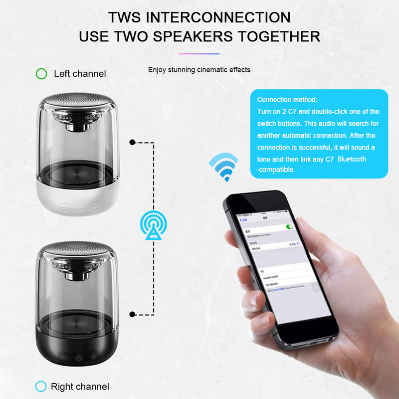 C7 Difuzor portabil Blue tooth 5.0 LED transparent Subwoofer luminos T-WS 6D Surround HIFI Stereo Cool Audio pentru telefon mobil