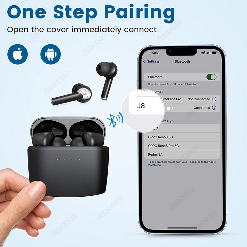 J8 ANC TWS „Bluetooth 5.2“ ausinės, belaidės aktyvus triukšmą slopinančios ausinės, mažos delsos 4 mikrofonų ENC ausinės su mikrofonu, atsparios vandeniui