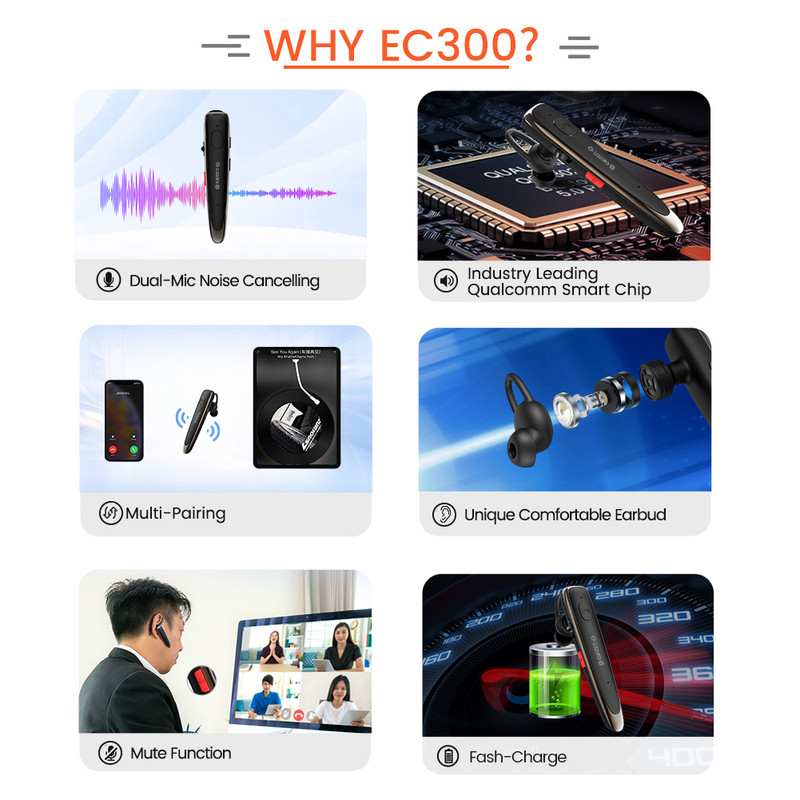 Ασύρματο ακουστικό Bluetooth Glazata με ENC Dual Mic Noise Cancelling & Mute Key, Αυθεντικά ακουστικά για Οδήγηση, Γραφείο, Επιχειρήσεις