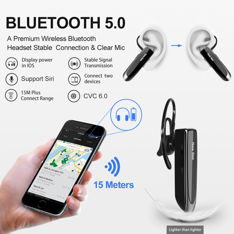 Bezdrôtové slúchadlá New Bee Headset Bluetooth V5.0, handsfree slúchadlá, 24-hodinová výdrž hovoru, mikrofón s potlačením hluku CVC6.0