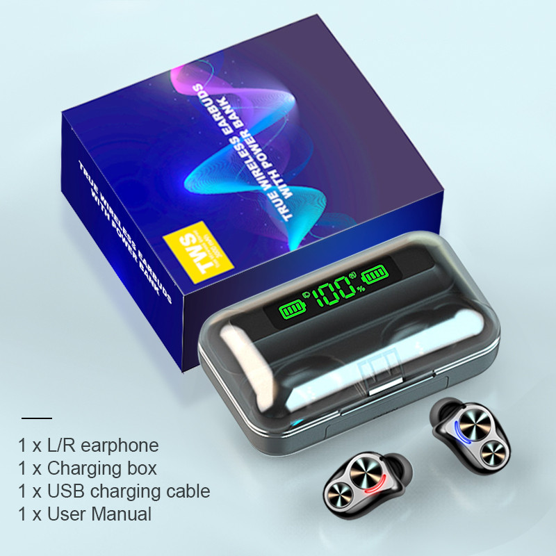 TWS Ausinės Belaidės Bluetooth ausinės V5.0 9D Stereo Garsas Sportinis Neperšlampamos Žemųjų dažnių ausinės Triukšmą mažinančios ausinės su mikrofonu