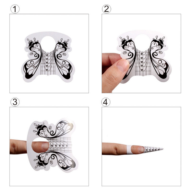 100/500 vnt Butterfly nagų priauginimo trafaretai Prancūziški nagų formų patarimai Akrilo gelio vadovas Formos lipdukai įrankiai