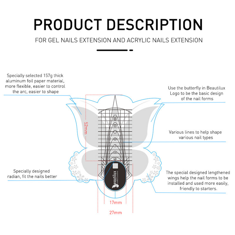 Beautilux profesionalni obrasci za nokte 300kom/rola gel akrilnih noktiju za nadogradnju Chablon papirna naljepnica Leptir Shablon