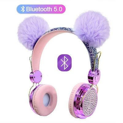 Bling ασύρματα ακουστικά Bluetooth για κορίτσια ενσύρματα ακουστικά με μικρόφωνο Παιδικά πολυτελή Glitter χαριτωμένα ακουστικά μουσικής Hairball