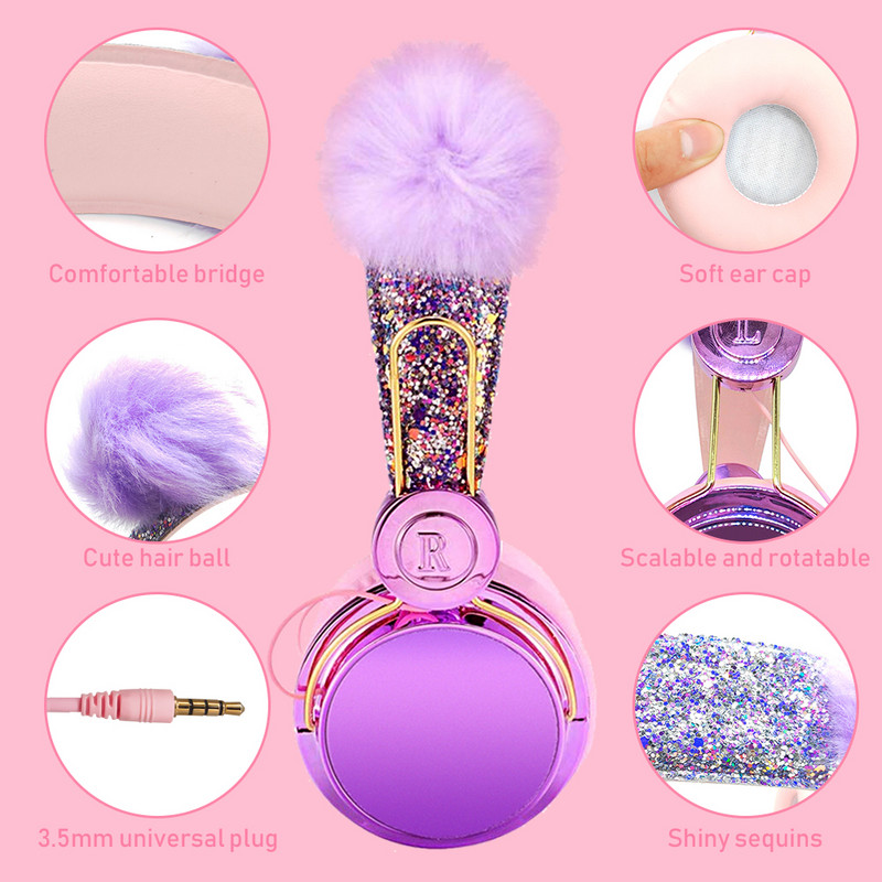 Bling ασύρματα ακουστικά Bluetooth για κορίτσια ενσύρματα ακουστικά με μικρόφωνο Παιδικά πολυτελή Glitter χαριτωμένα ακουστικά μουσικής Hairball