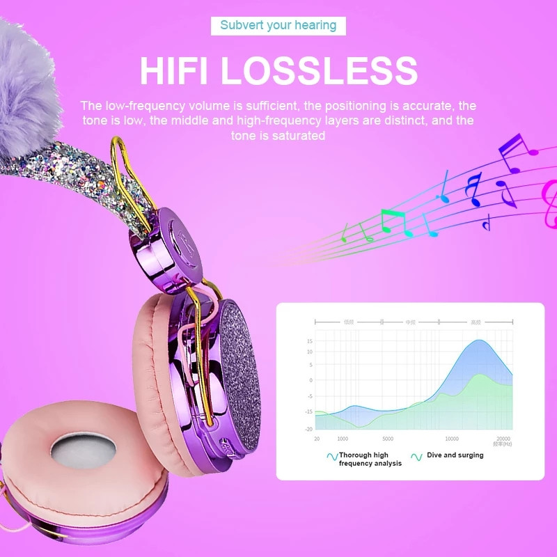 Bling ασύρματα ακουστικά Bluetooth για κορίτσια ενσύρματα ακουστικά με μικρόφωνο Παιδικά πολυτελή Glitter χαριτωμένα ακουστικά μουσικής Hairball