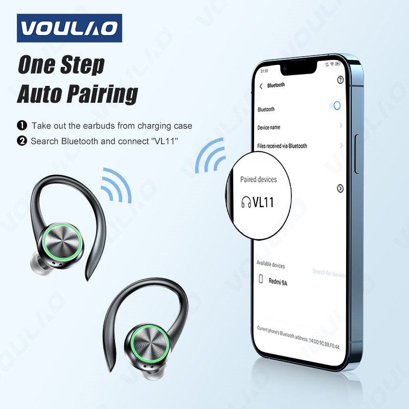 Bezdrôtové slúchadlá VOULAO TWS Športové Bluetooth slúchadlá HiFi Stereo slúchadlá s redukciou hluku, háčik na uši, vodotesné slúchadlá s mikrofónom