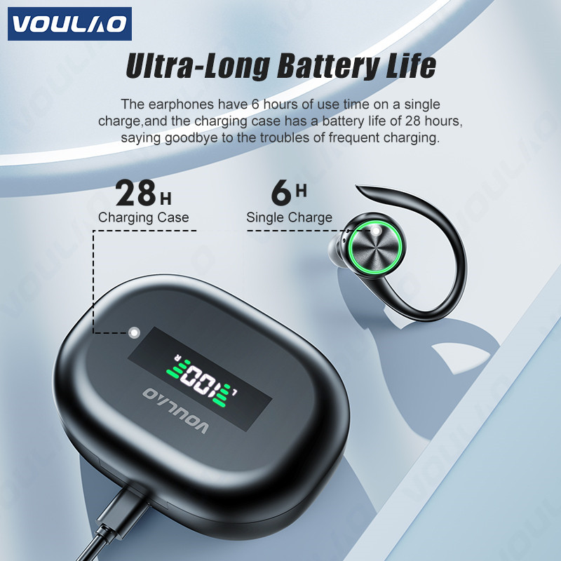 Bezdrôtové slúchadlá VOULAO TWS Športové Bluetooth slúchadlá HiFi Stereo slúchadlá s redukciou hluku, háčik na uši, vodotesné slúchadlá s mikrofónom