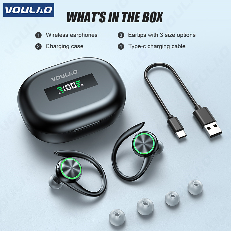 Bezdrôtové slúchadlá VOULAO TWS Športové Bluetooth slúchadlá HiFi Stereo slúchadlá s redukciou hluku, háčik na uši, vodotesné slúchadlá s mikrofónom