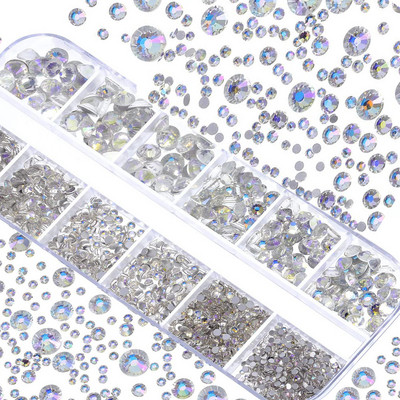Nail Art Rhinestones komplekts 2400gb Nail Gems Ab Plakanais Rhinestones Dārgakmeņu akmeņi ar uzglabāšanas organizatoru dizainam Bright Holiday