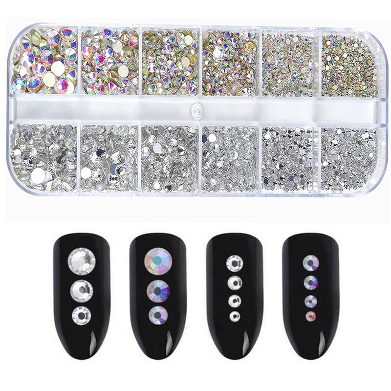 Nail Art Rhinestones Kit 2400 бр. Nail Gems Ab Flatback Rhinestones Gems Stones с органайзер за съхранение за дизайн Светъл празник