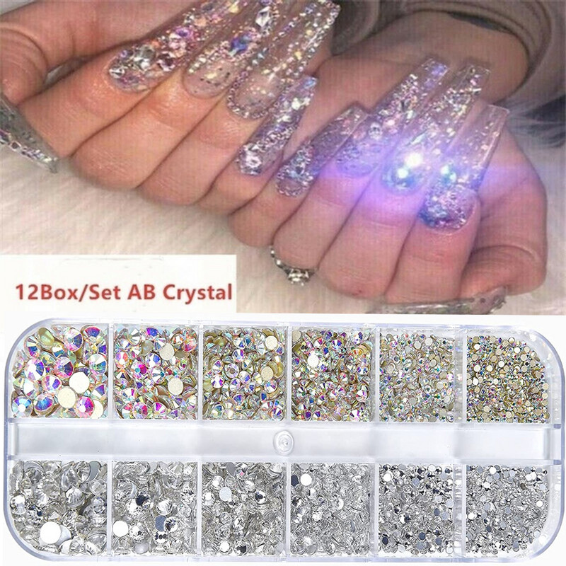 Nail Art Rhinestones Kit 2400 бр. Nail Gems Ab Flatback Rhinestones Gems Stones с органайзер за съхранение за дизайн Светъл празник