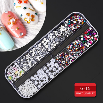 12 Grid Nails Art Accesorios AB Clear Rhinestones 3D mirdzoši dārgakmeņi Pearl DIY manikīra dekorēšanas nagu piederumi profesionāļiem