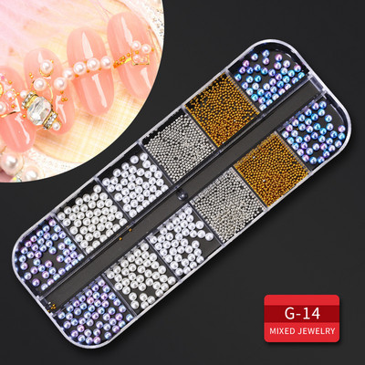 12 Grid Nails Art Accesorios AB Clear Rhinestones 3D mirdzoši dārgakmeņi Pearl DIY manikīra dekorēšanas nagu piederumi profesionāļiem