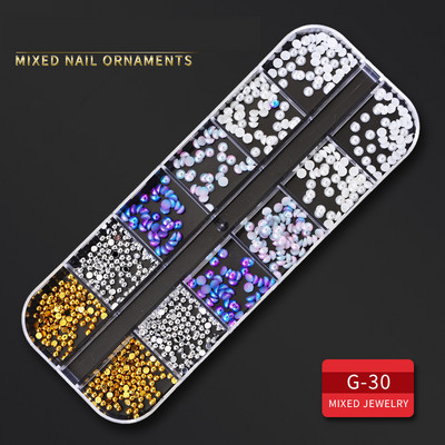 12 Grid Nails Art Accesorios AB Clear Rhinestones 3D mirdzoši dārgakmeņi Pearl DIY manikīra dekorēšanas nagu piederumi profesionāļiem