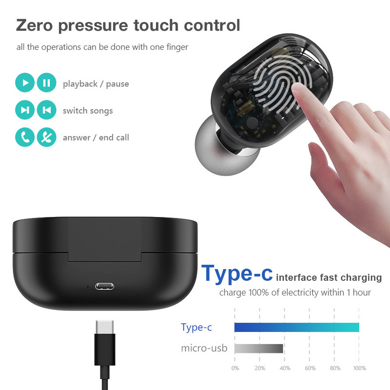 NOU Căști Bluetooth Căști fără fir Tws Căști stereo Bass Music Căști impermeabile Sport Zgomot HD Microfon pentru telefon inteligent
