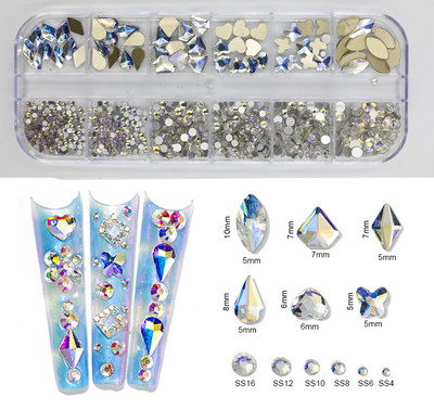 12Gird Box Multi Size AB/Colorful Hotfix Rhinestones Flatback Crystal Diamond Gems 3D Glitter Nail Art Луксозни декорации