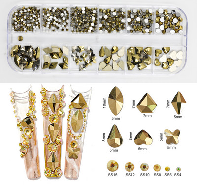 12Gird Box Multi Size AB/Krāsains Hotfix Rhinestones Flatback Crystal Diamond Dārgakmeņi 3D Glitter Nail Art Greznas dekorācijas