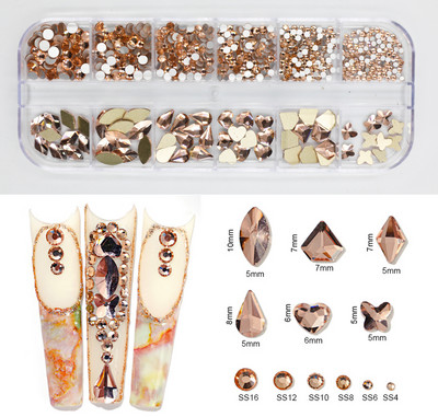 12Gird Box Multi Size AB/Krāsains Hotfix Rhinestones Flatback Crystal Diamond Dārgakmeņi 3D Glitter Nail Art Greznas dekorācijas