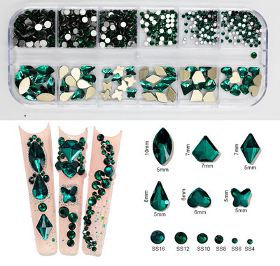 12Gird Box Multi Size AB/Krāsains Hotfix Rhinestones Flatback Crystal Diamond Dārgakmeņi 3D Glitter Nail Art Greznas dekorācijas