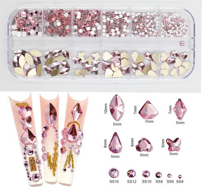12Gird Box Multi Size AB/Krāsains Hotfix Rhinestones Flatback Crystal Diamond Dārgakmeņi 3D Glitter Nail Art Greznas dekorācijas