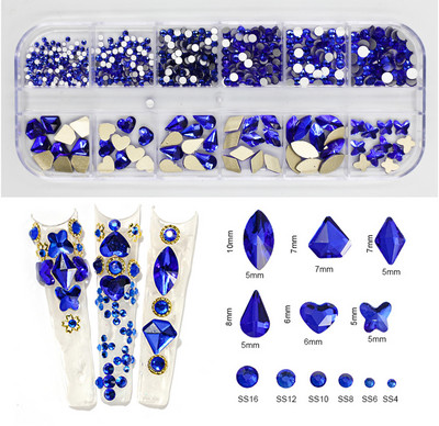 12Gird Box Multi Size AB/Krāsains Hotfix Rhinestones Flatback Crystal Diamond Dārgakmeņi 3D Glitter Nail Art Greznas dekorācijas