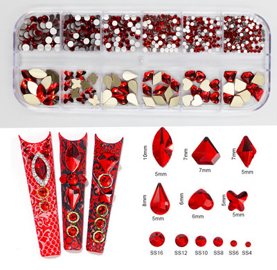12Gird Box Multi Size AB/Krāsains Hotfix Rhinestones Flatback Crystal Diamond Dārgakmeņi 3D Glitter Nail Art Greznas dekorācijas