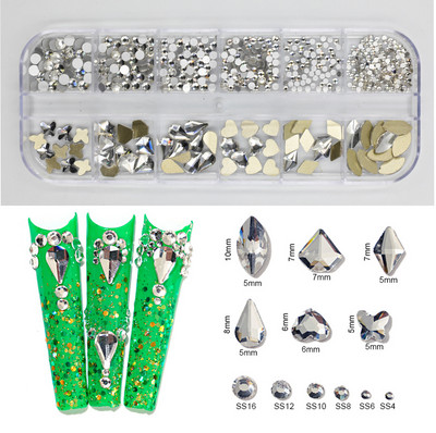 12Gird Box Multi Size AB/Krāsains Hotfix Rhinestones Flatback Crystal Diamond Dārgakmeņi 3D Glitter Nail Art Greznas dekorācijas