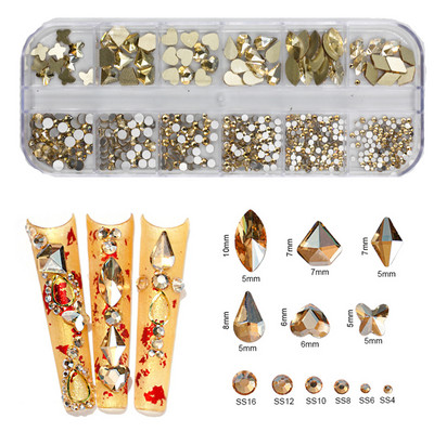 12Gird Box Multi Size AB/Krāsains Hotfix Rhinestones Flatback Crystal Diamond Dārgakmeņi 3D Glitter Nail Art Greznas dekorācijas