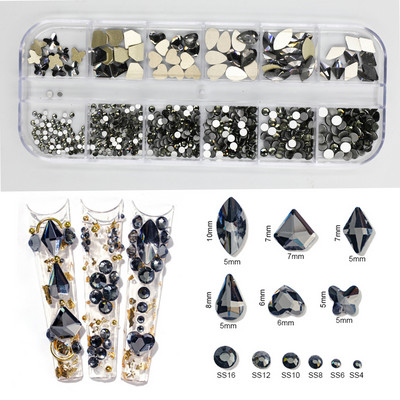 12Gird Box Multi Size AB/Krāsains Hotfix Rhinestones Flatback Crystal Diamond Dārgakmeņi 3D Glitter Nail Art Greznas dekorācijas