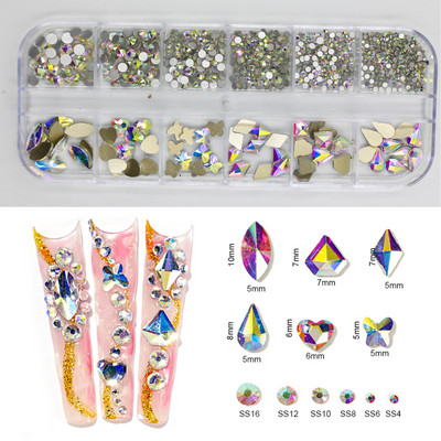 12Gird Box Multi Size AB/Krāsains Hotfix Rhinestones Flatback Crystal Diamond Dārgakmeņi 3D Glitter Nail Art Greznas dekorācijas