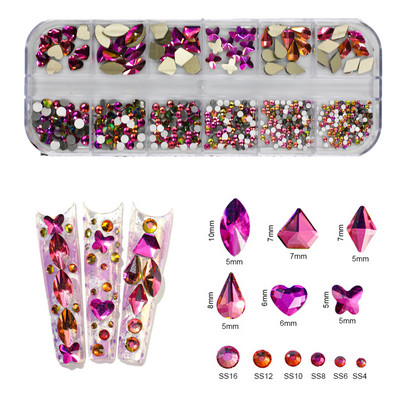 12Gird Box Multi Size AB/Krāsains Hotfix Rhinestones Flatback Crystal Diamond Dārgakmeņi 3D Glitter Nail Art Greznas dekorācijas