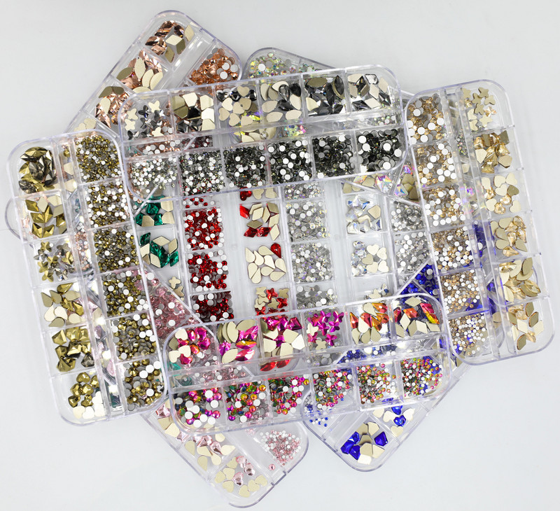 12Gird Box Multi Size AB/Colorful Hotfix Rhinestones Flatback Crystal Diamond Gems 3D Glitter Nail Art Luksuzni ukrasi