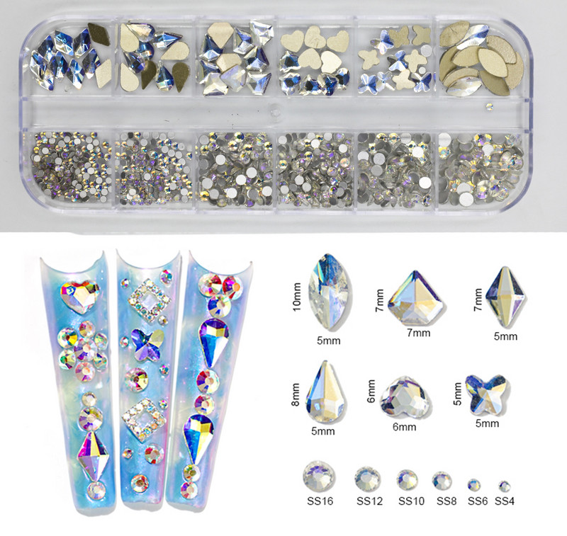 12Gird Box Multi Size AB/Colorful Hotfix Rhinestones Flatback Crystal Diamond Gems 3D Glitter Nail Art Luksuzni ukrasi