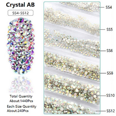 SS3-SS12 1440db Glitter 3D Non HotFix FlatBack Glass Pixie Nail Art Clear Crystal AB strassz fényes drágakő manikűr kiegészítők