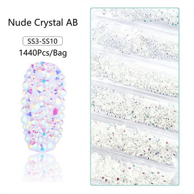 SS3-SS12 1440db Glitter 3D Non HotFix FlatBack Glass Pixie Nail Art Clear Crystal AB strassz fényes drágakő manikűr kiegészítők