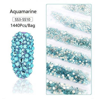 SS3-SS12 1440db Glitter 3D Non HotFix FlatBack Glass Pixie Nail Art Clear Crystal AB strassz fényes drágakő manikűr kiegészítők