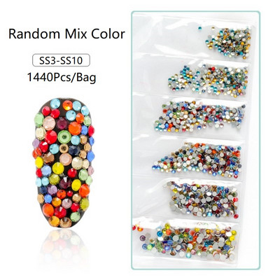SS3-SS12 1440db Glitter 3D Non HotFix FlatBack Glass Pixie Nail Art Clear Crystal AB strassz fényes drágakő manikűr kiegészítők