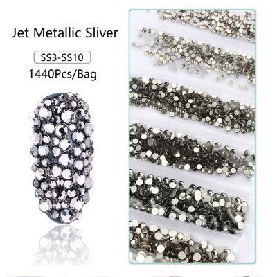 SS3-SS12 1440db Glitter 3D Non HotFix FlatBack Glass Pixie Nail Art Clear Crystal AB strassz fényes drágakő manikűr kiegészítők