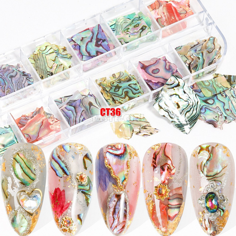 12 rešetki/set Nepravilna kriška abalona koja mijenja boju Prirodni ulomak kamena morske školjke Nail Art Paillette Dekoracija DIY manikura