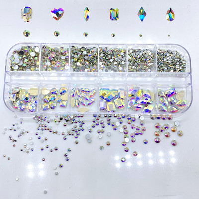 12 Grids/Box Crystal Nail Art Rhinestones Glass SS4-SS16 Nail Stones Shiny Flatback 3D DIY Nail Art Διακόσμηση