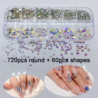 12Grids / Box Crystal Nail Art Kalnų krištolas Stiklas SS4-SS16 Nagų akmenukai Blizgūs Plokščias 3D DIY Nagų dailės dekoravimas