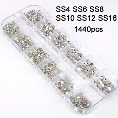 12Grids / Box Crystal Nail Art Kalnų krištolas Stiklas SS4-SS16 Nagų akmenukai Blizgūs Plokščias 3D DIY Nagų dailės dekoravimas