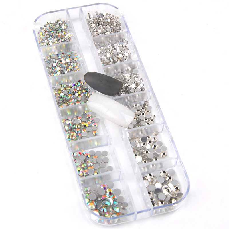 12Grids / Box Crystal Nail Art Kalnų krištolas Stiklas SS4-SS16 Nagų akmenukai Blizgūs Plokščias 3D DIY Nagų dailės dekoravimas